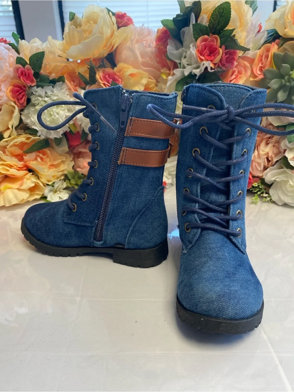 Toddler Denim Moto Lace-Up Boots Side Zip Buckle Blue Size 8